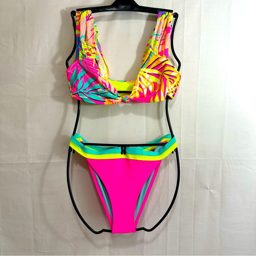 No Boundaries Womens Neon Tropical Palm Print Bikini Size L (11-13)